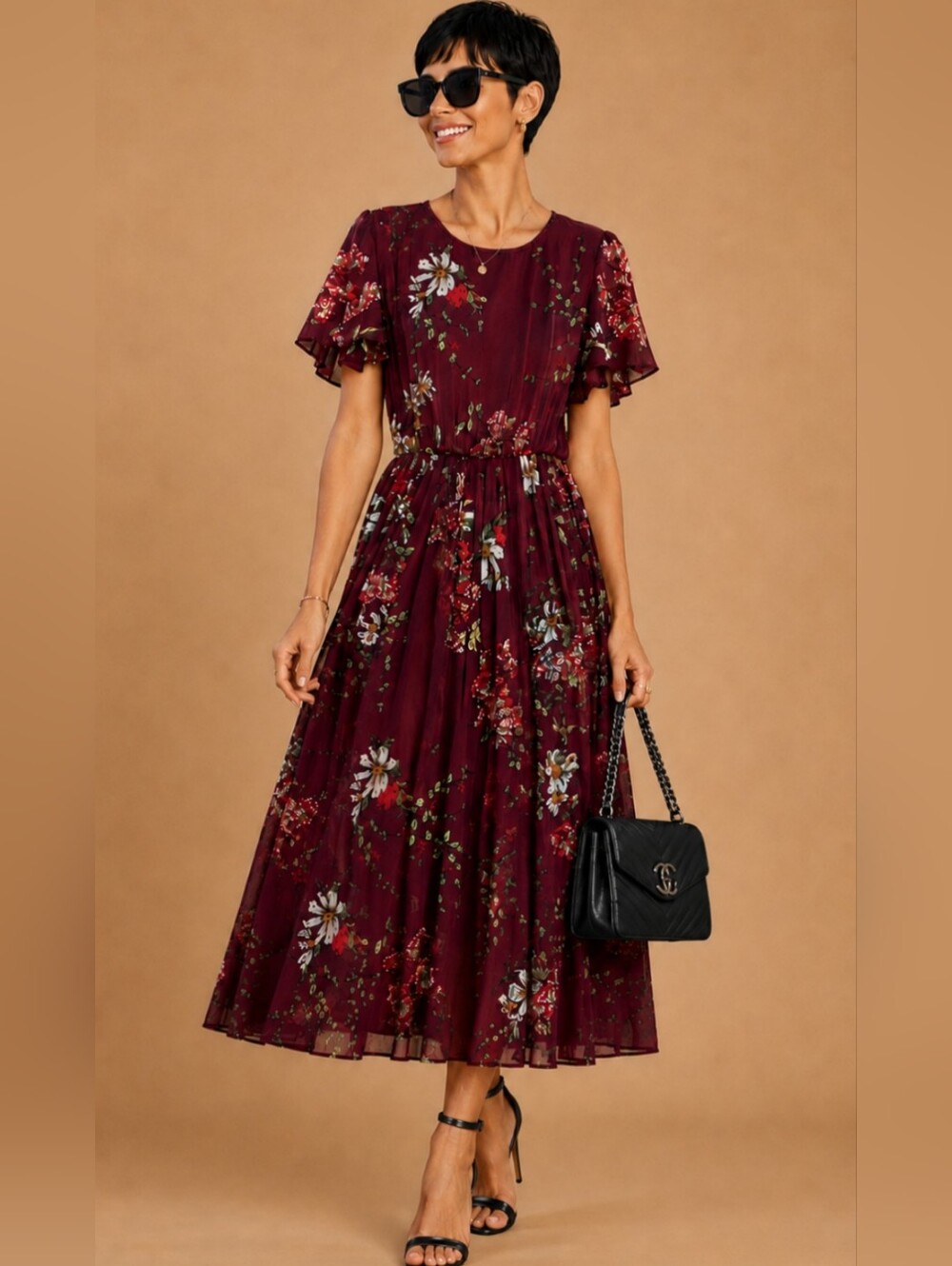 Women's Size 8 Ruffle Sleeve Elastic Waist Pleated Maxi Dress